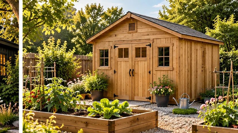 Illustrative landscaped wood sheds