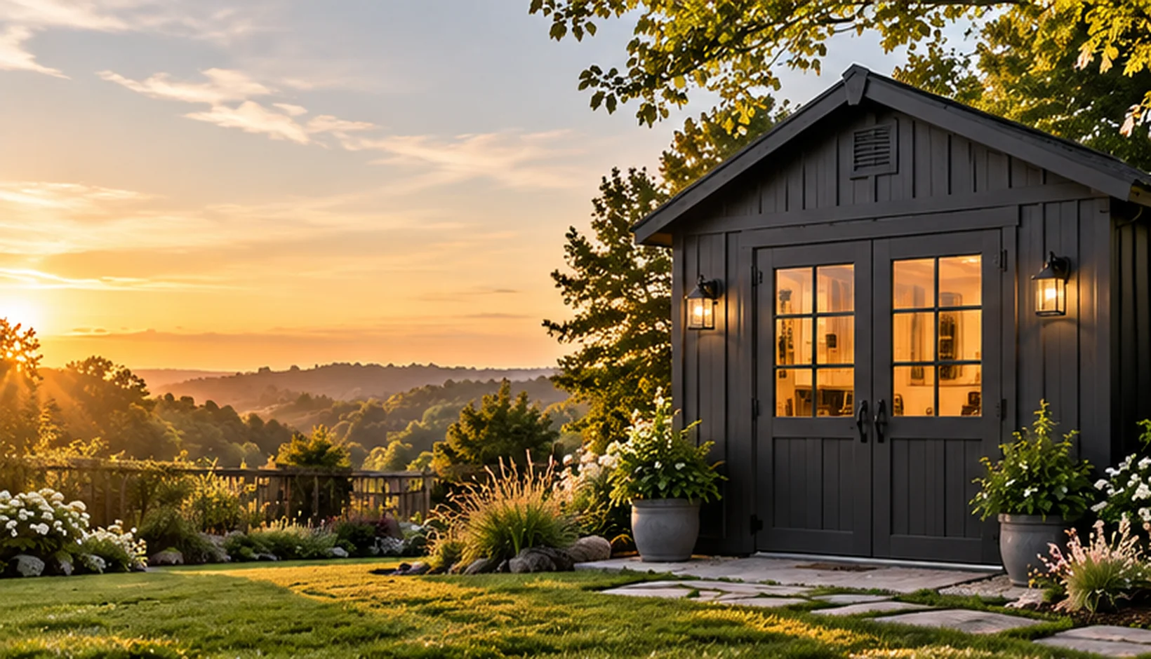 Charcoal backyard shed in a landscaped garden at golden hour