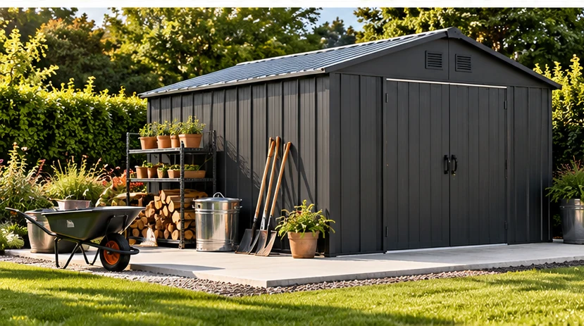 Illustrative landscaped metal sheds
